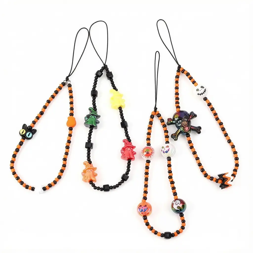Women's Halloween New Skull Pumpkin Ghost Head Beaded Phone Wrist Strap, CCD Camera Pendant, Mobile Phone Chain Accessory