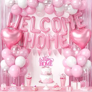Welcome Home Decorations Pink White,Welcome Home Balloon Banner with Heart Foil Balloons Fringe Curtain Cake Topper for Housewarming Girl Shower Family Party Supplies