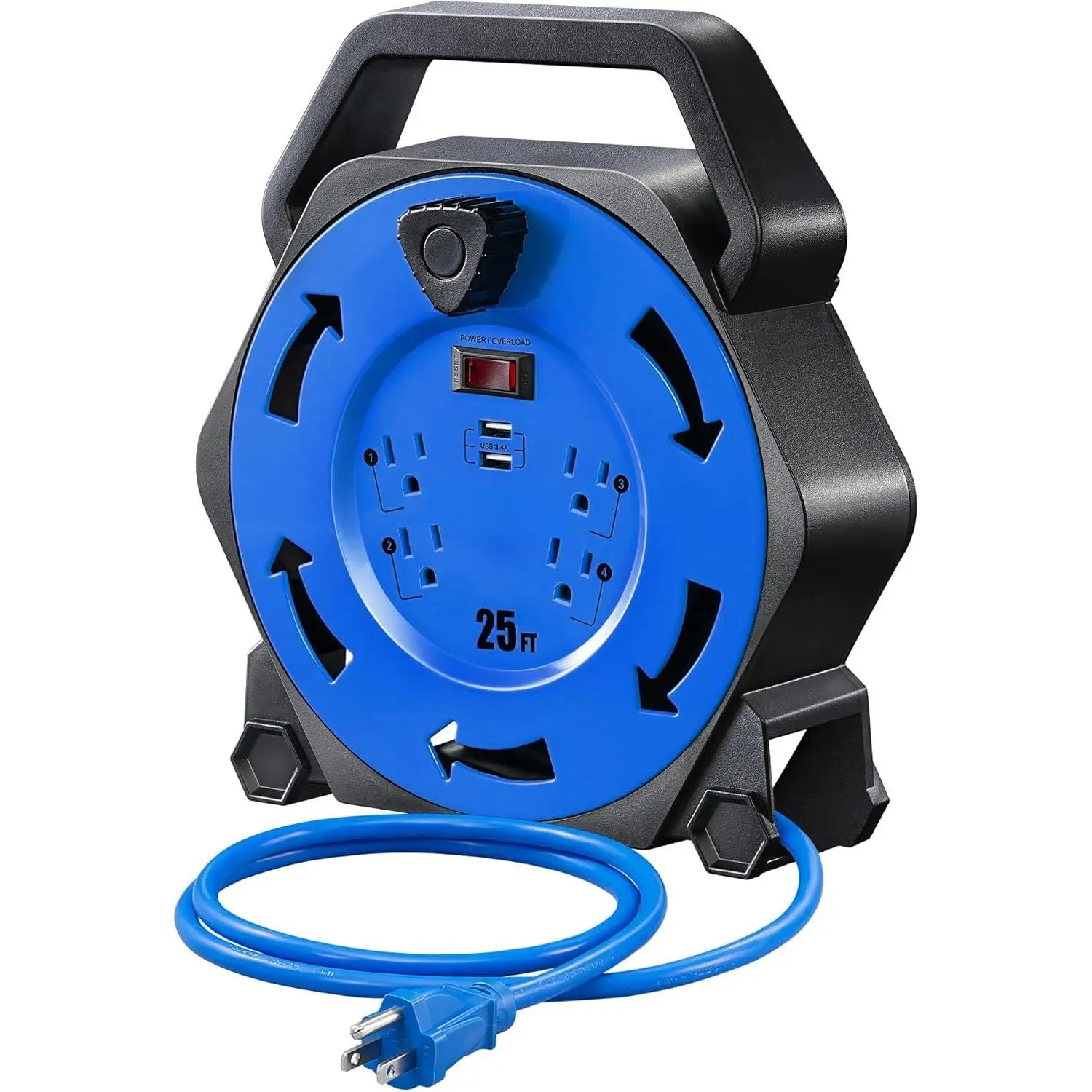 Retractable Cord Reel with 4 Power Outlets, 2 USB Ports (3.4A Fast Charge), 25FT 16/3 SJTW Heavy Duty Cable, 13A Circuit Breaker, Hand Wind, UL Listed, Plastic Cover, Compact for DIY Craft Projects