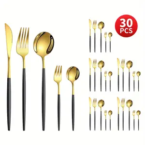 Gold Silverware Set with black handle, 30-Piece Stainless Steel Flatware Set, Kitchen Utensil Set Service for 6, Tableware Cutlery Set for Home and Restaurant, Dishwasher Safe, Kitchenware, Dinnerware Service Set, Modern Tableware Sets