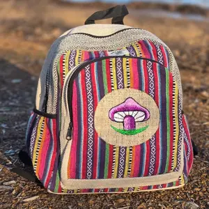 Namaste Bohemian Mushroom embroidery Fashionable Unisex Multicolor Natural Gheri with Handmade Organic Vegan Eco-Friendly Backpack.