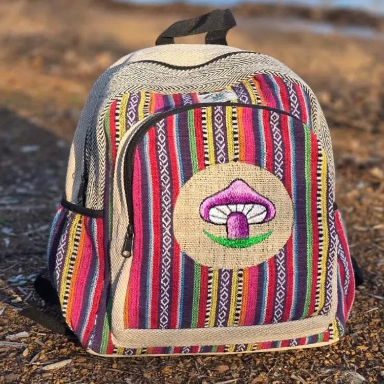 Namaste Bohemian Mushroom embroidery Fashionable Unisex Multicolor Natural Gheri with Handmade Organic Vegan Eco-Friendly Backpack.