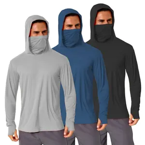 3 PACK Men's UPF 50+ Hooded Workwear Solid Color Sun Protection Fishing Shirts with Face Mask - Long Sleeve UV Protection Hoodie with Neck Gaiter for Outdoor Activities, Construction, Work - Lightweight, Moisture-Wicking, Breathable, Quick-Dry, Dust Proof