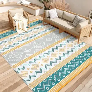 Reversible Boho Outdoor Rug Waterproof Plastic Straw Patio Carpet for Deck Balcony RV Camping Picnic, Lightweight Foldable Indoor Outdoor Area Mat with Carry Bag and Stakes, UV Resistant Outside Rug in Multiple Sizes Colors