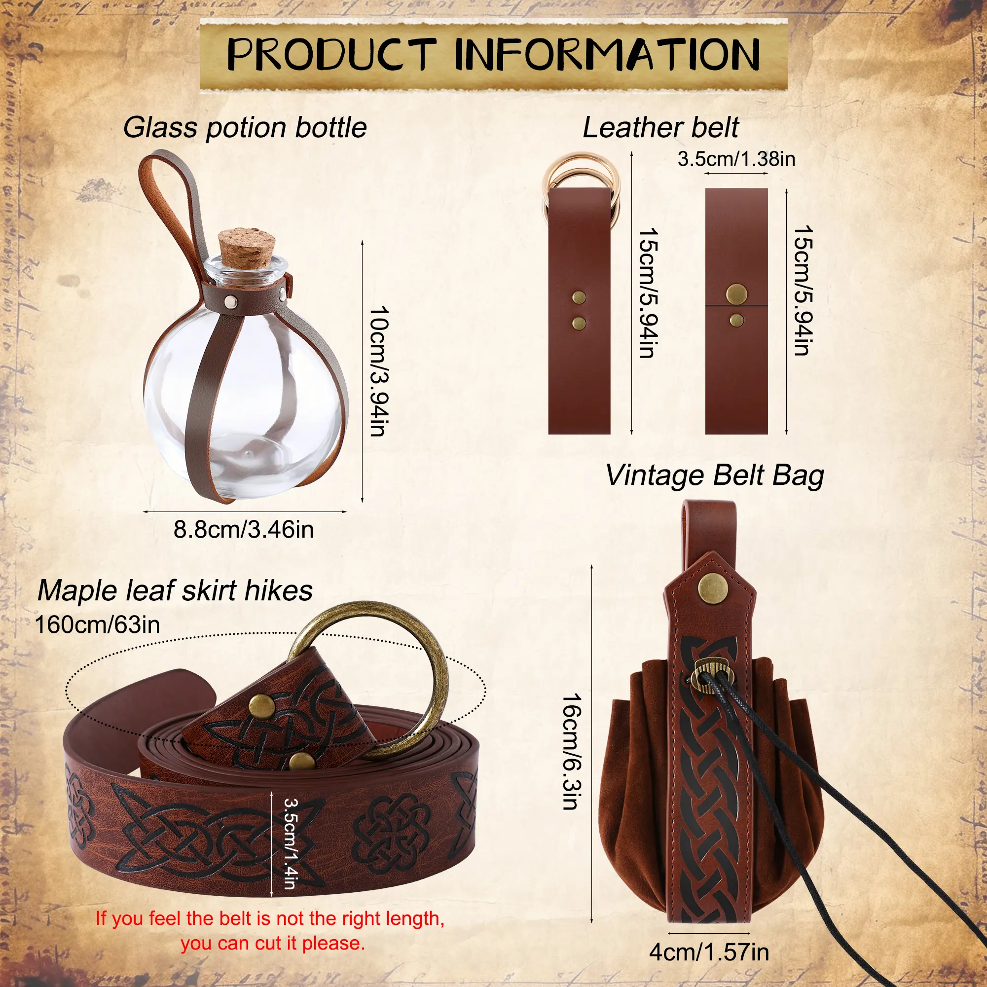 Medieval Renaissance Costume Accessory Set, Viking Faux Leather Belt, Drawstring Pouch, Potion Bottle & Belt Hanging Loops for Pirate Cosplay Halloween Party