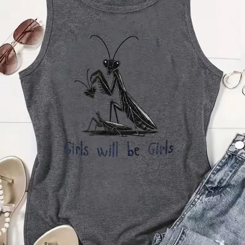 Women's Cursive Letter Insect Art Cotton Blend Tank Top - Classic Comfy Novelty Streetwear Basic Sleeveless Top for Jeans & Denim Pairing