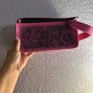 Floral Embossed Pink Leather Clutch with Zipper Closure & Wrist Strap for Everyday Use