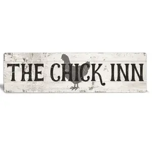 The Sign Shoppe Decor Gift "Chick Inn" Metal Sign for Chicken Coops 4"x15" Faux White Distress Wood with Charcoal Text UV Printed Waterproof Decor