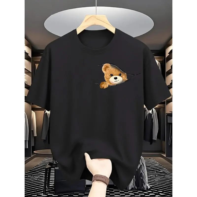 Men's Heavyweight Cotton T-Shirt Casual Summer Graphic Tee with Cute Bear Design Loose Fit Short Sleeve Round Neck Breathable & Comfortable for Casual Attire Menswear Top Elastic Long