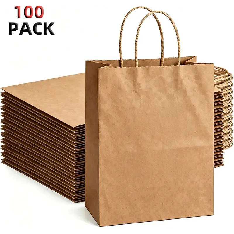 100pcs Medium Brown Plain Paper Gift Bags with Handles - Bulk Gift Wrapping Supplies for Weddings, Kraft Grocery & Retail Shopping Goods