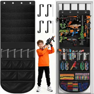 Advanced Over Door Toy Gun Organizer with Wide Hook and LoopStraps, Superior Hold for Blasters, Water Guns,Accessories,Customizable Storage with 11 Pockets & 25 Straps forKids Room (Black)