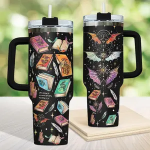 Multicolor Dragon 40oz Tumbler, Fantasy Book Tumbler With Handle, Dragon Wings Tumbler, Black Travel Mug, Gift for Book Lover