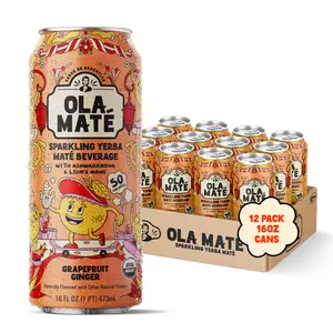 Ola Mate Grapefruit Ginger Sparkling Yerba Mate Beverage 16oz Cans 12 Pack Organic Caffeine Ashwagandha Lion's Mane B Vitamins