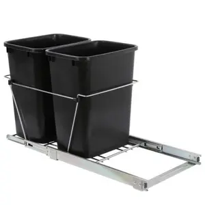 JupiterForce 35-Qt Double Pullout Steel Kitchen Trash Can Set - Under-Counter Sliding Double Plastic Bins Waste Container with Smooth Glide, Silver Cabinet Base