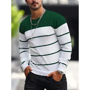 Casual Striped Knitted Pullover - Men's Long Sleeve Crew Neck Sweater for Fall Spring