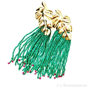 Beaded Fringe Earrings with Gold Leaf Top Green Beaded Tassels Fashion Jewelry for Women