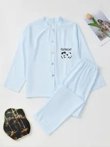 Women's Cute Cat Embroidered Pajama Set, Comfortable Long Sleeve & Pants Sleepwear, Breathable Fabric for Ladies Nightwear