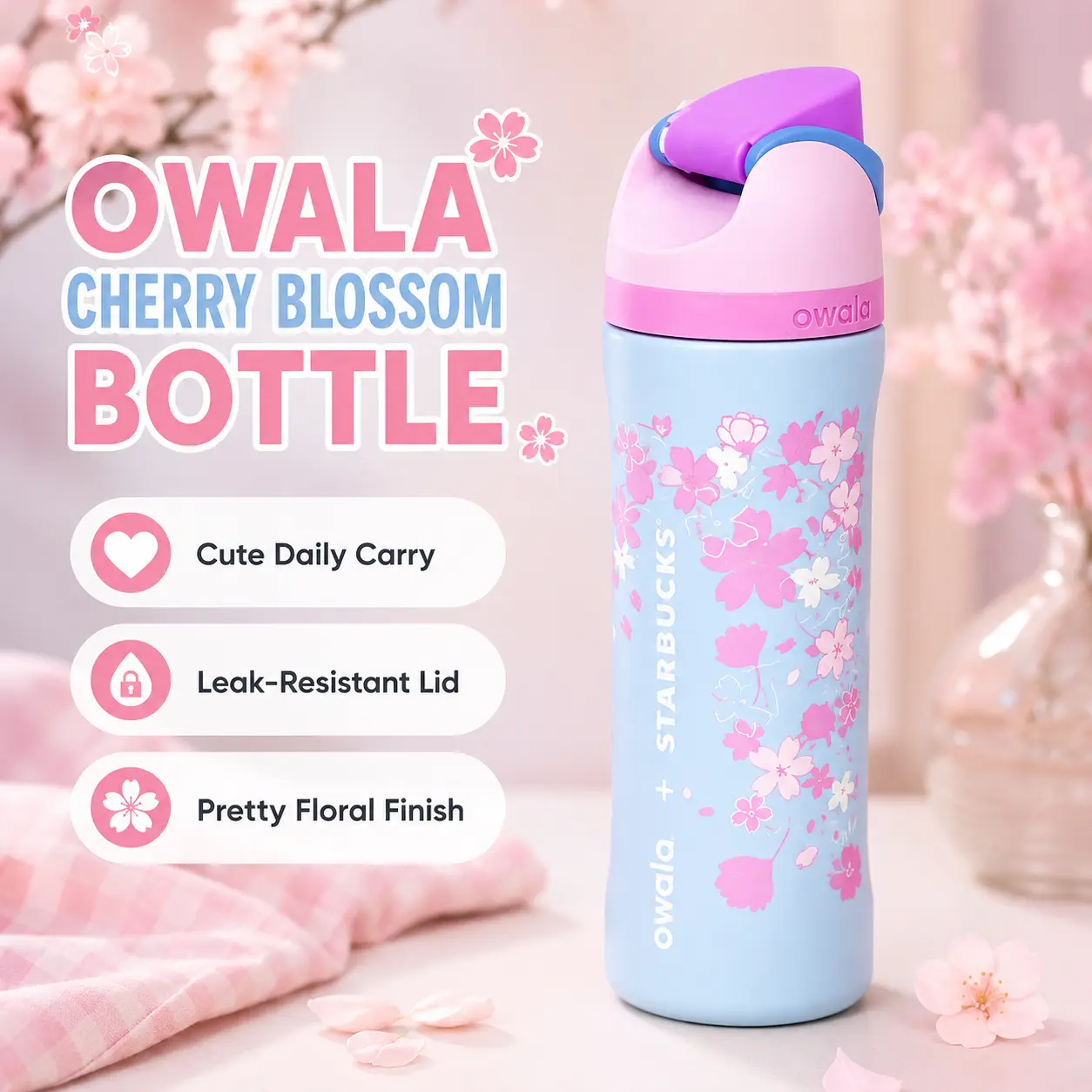 Owala x Starbucks Sakura Limited Edition FreeSip Tumbler – Cherry Blossom Insulated Water Bottle