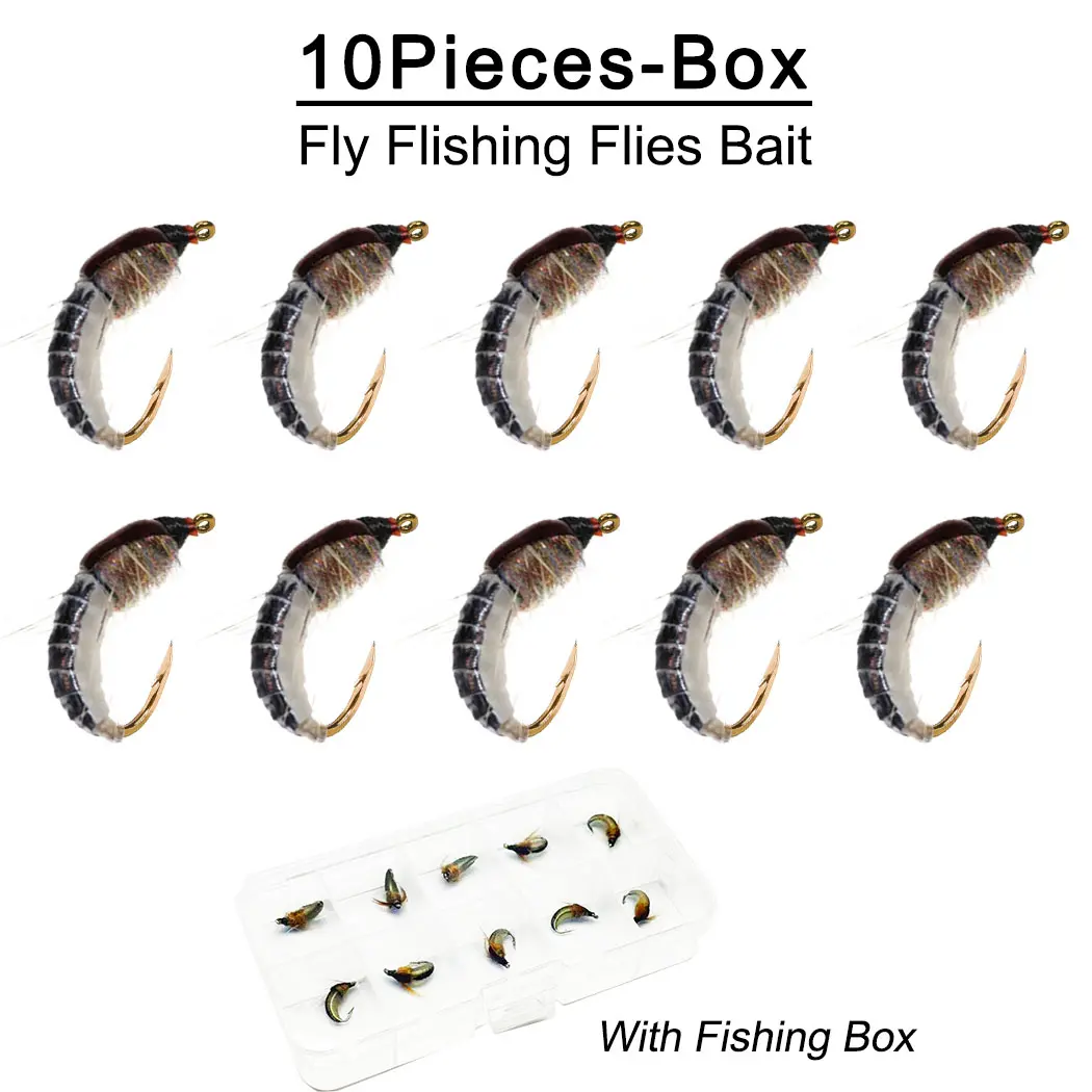 10Pcs/Box Fly Fishing Flies Artificial Scud Nymph Black Flies Lure Dry Flies Lure for Fishing Trout Nymph Bait Fishing Lures