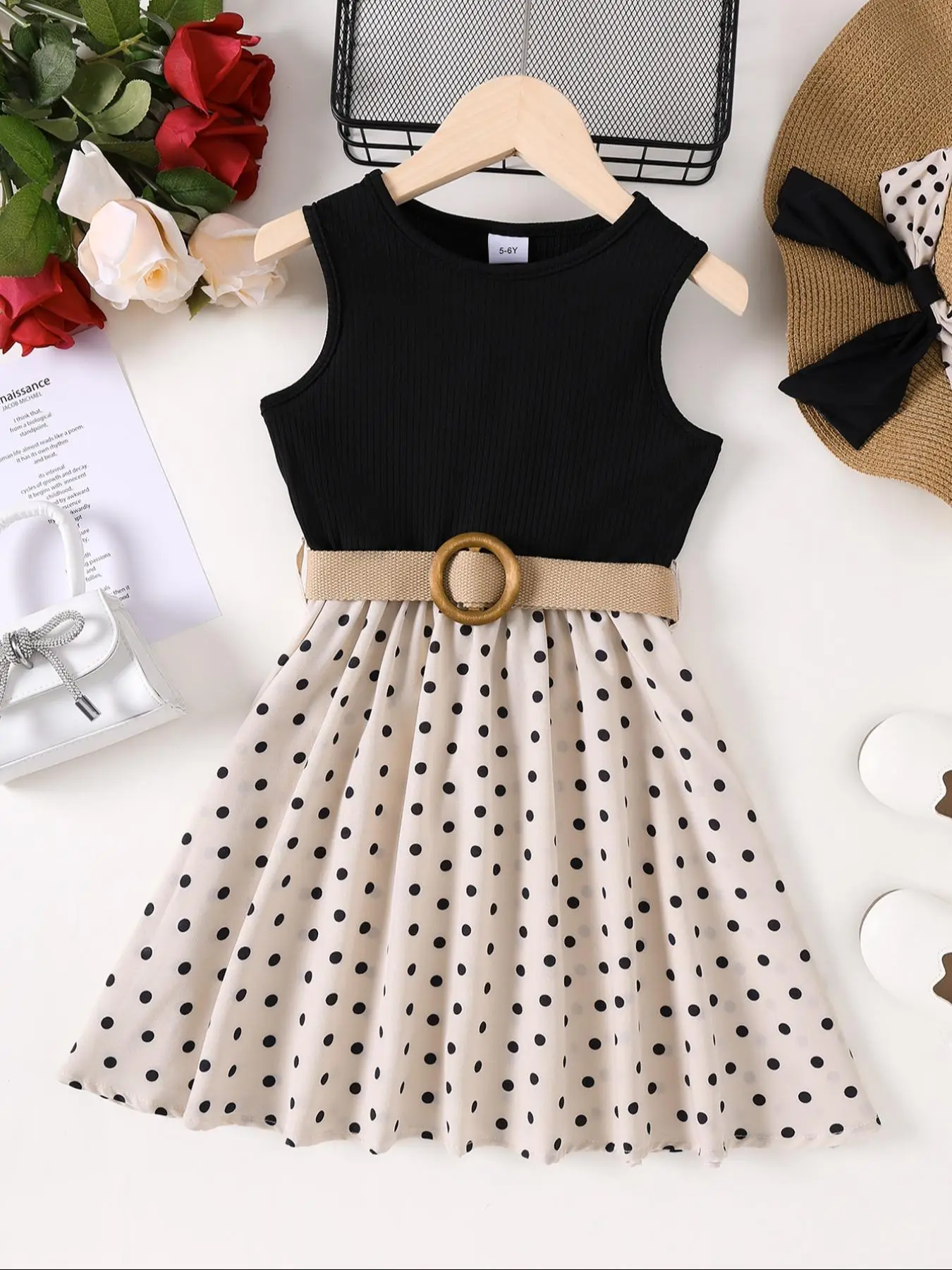 Girl's Polka Dot Print Belted Dress, Casual Sleeveless Dress for Summer, Kids Clothes for Daily Wear