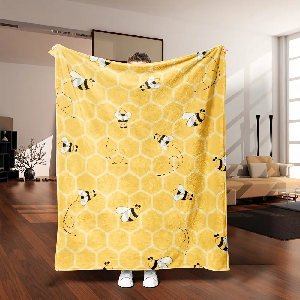 Soft Flannel Bumblebee Throw Blanket - Animal Character, Bug-Themed, Yellow Honeycomb Print, Plush Cozy Texture, Multi-Size - Ideal for Bedroom, Bee Lovers, Animal Character Blankets, Bug-Themed Blankets