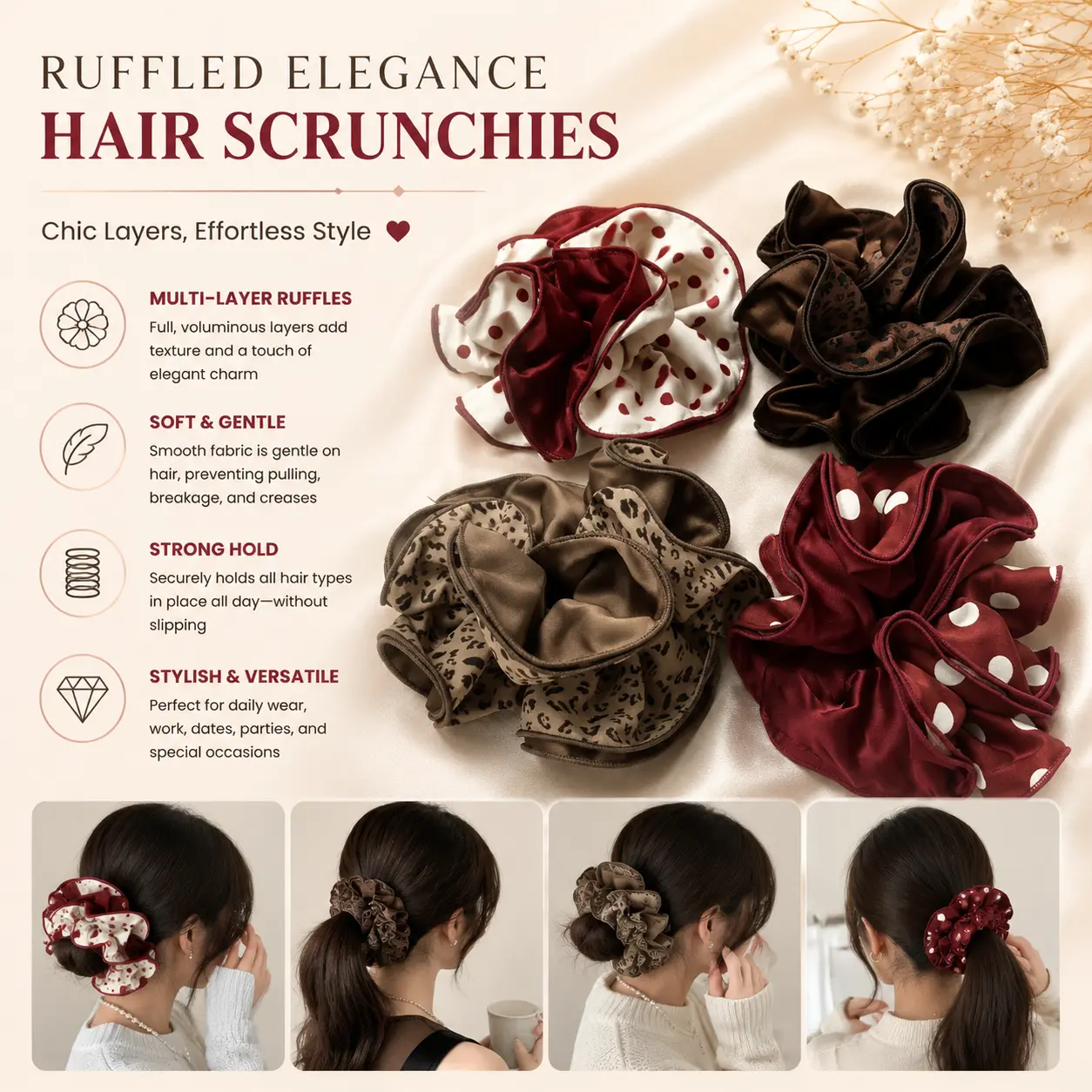 4pcs Large Double-Layer Scrunchies Set - Leopard Print, Polka Dot Designs, Soft Fabric, Vintage Aesthetic, Rich Colors, Secure Hold, Stylish Versatile Hair Ties for Daily Wear [010]