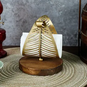 Napkin Holder Stand, Decorative Stainless Steel Paper Towel Box with Wooden Base, Vintage Desktop Organizer for Kitchen Bar Outdoor Use