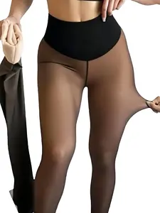 Tummy Control High Waisted Women's Leggings, Elastic Waistband for Comfortable Support, Slim Fit Boho Bohemian Style Fleece Pants for Fall & Winter