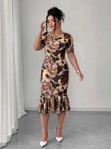 Women's Vintage Print Ruffle Dress, Feminine Summer Knit Fabric Round Neck Polyester Midi Skirt, Plus Size Fashionable Casual Wear