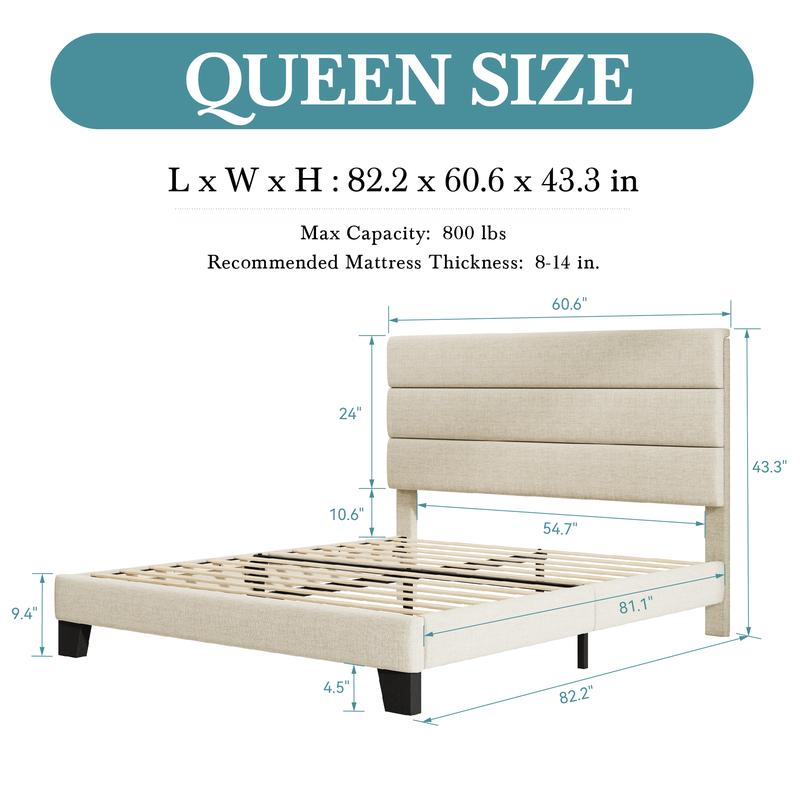 HOOMIC Upholstered Platform Bed Frame【Frame Only No Mattress】- Fabric Headboard with Strong Wood Slats,Full/Queen/King,Beige/Dark Grey/Navy Blue/Velvet Black/White,No Box Spring Needed