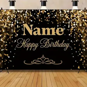 1PC,2D Flat Custom Name Black Gold Sequin Happy Birthday Backdrop, Party Decoration Photo Background Cloth, Personalized Name, Festival Celebration Party Wall Hanging Backdrop