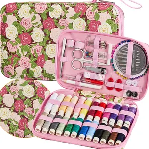 Rose Floral Sewing Kit with 130 count Sewing Supplies Accessory,PU Zipper Sewing  Set, Professional Travel Sewing Kit for Adults,, Home