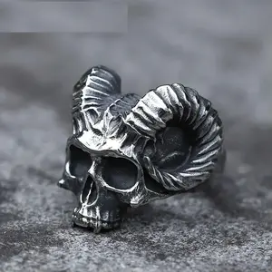 New Men's 316L Stainless Steel Rings Evil Ancient Rune Devil Ring For Teens Gothic Punk Horned Jewelry Gift