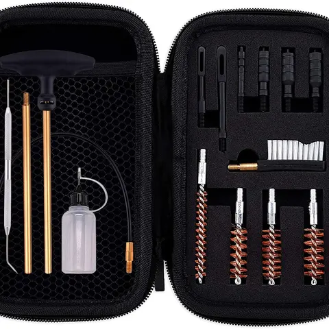 Multi-Caliber Gun Cleaning Tool Kit Set - Compact Organized for .22, .357, .38, 9mm, .45 Calibers, Lifetime Durability, 10.5" Rod, 2 Brass Rods, Bronze Bore Brush, Brass Jag Adapter, Stainless Steel Tips, 100 Pew Patches, Cable, Pouch, Zippered Case