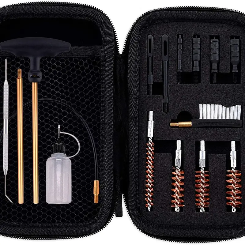 Multi-Caliber Gun Cleaning Tool Kit Set - Compact Organized for .22, .357, .38, 9mm, .45 Calibers, Lifetime Durability, 10.5" Rod, 2 Brass Rods, Bronze Bore Brush, Brass Jag Adapter, Stainless Steel Tips, 100 Pew Patches, Cable, Pouch, Zippered Case