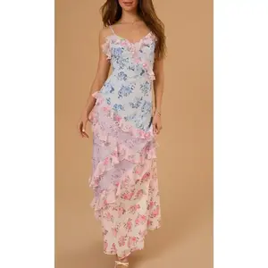Women Floral Patchwork Cami DressRuffle Trim V Neck Sleeveless Open Back Long Dress for Party Club Formal Polyester