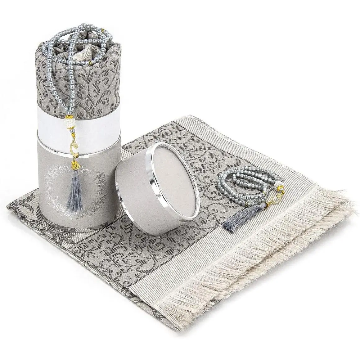 Muslim Prayer Rug and Prayer Beads with Elegant Cylinder Gift Box | Janamaz | Sajadah | Soft Islamic Prayer Rug | Islamic Gifts Set | Prayer Carpet Ma