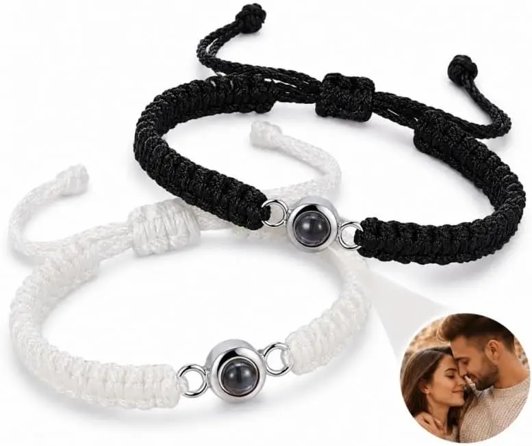 Custom Photo Projection Bracelet for Couples, 2 Pcs Bracelets with Picture Inside, Personalized Picture Bracelet Adjustable Braided Rope for Boyfriend Girlfriend