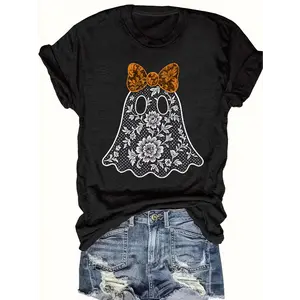 Women'S Vintage-Inspired Halloween T-Shirt - Spooky & Floral Print With Bats & Pumpkins - Black & White Casual Loose-Fit Crewneck Top For Year-Round Wear, Costume Parties & Daily Outfits (Machine Washable) Golf Gift T-Shirt For Men And Women