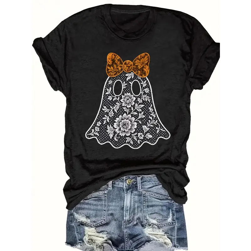 Women's 100% Cotton Vintage-Inspired Halloween T-Shirt - Shortsleeve, Round Neck, All Over Spooky Prints, Floral-Bats-Pumpkins, Black-White, Loose-Fit, Machine Washable For Costume Parties, Daily Wear, Customized