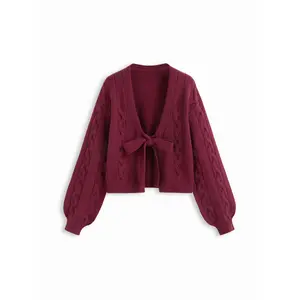 Cider Cable Knit V-neck Knotted Oversized Cardigan