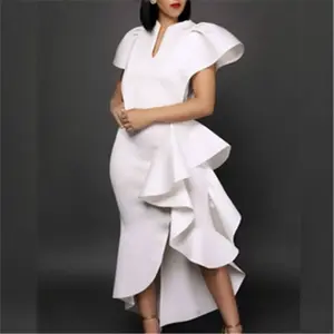 Mina Plus Size Ruffled Short Sleeve High Waist Slimming Irregular Hem Dress Commuting Elegant Formal Womenswear White Basic Chic Minimalist Workwear Piece Shortsleeve Polyester Fabric