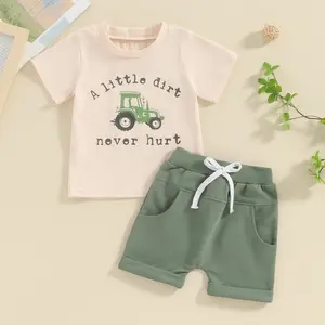 Cute two-piece tractor set for male infants and toddlers in summer - slogan "A little dirt will never harm" T-shirt and green drawstring shorts, baby farm style set (0-4 years old)