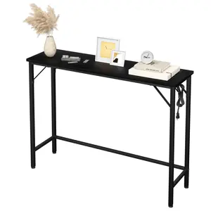 Narrow Console Table, Black Sofa Table with Outlets, Behind Couch Table for Living Room, Hallway Table for Entryway-Black