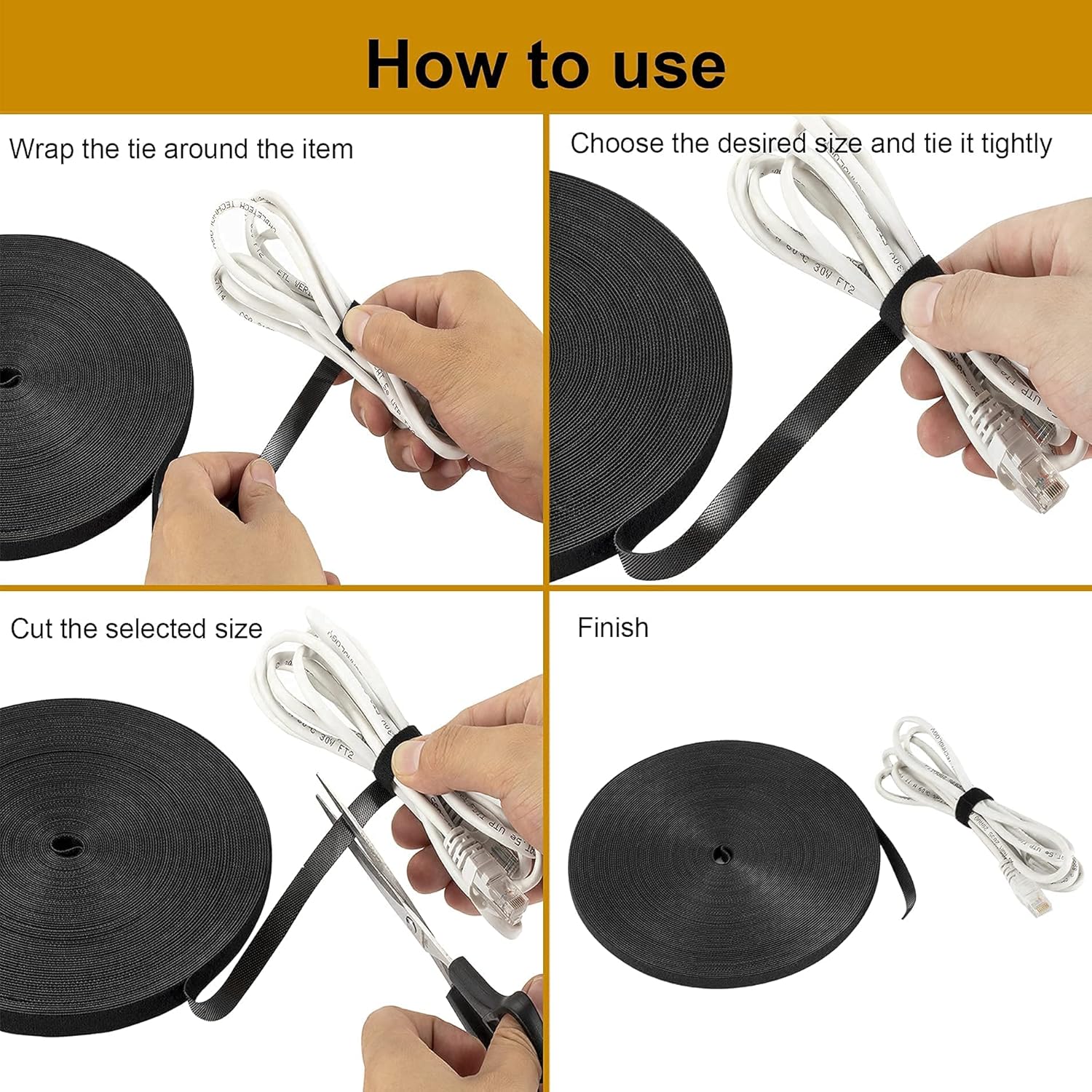 2 Pack Reusable Hook and Loop Cable Ties, Cut-to-Length Self-Gripping Cable Management Straps for Home Office