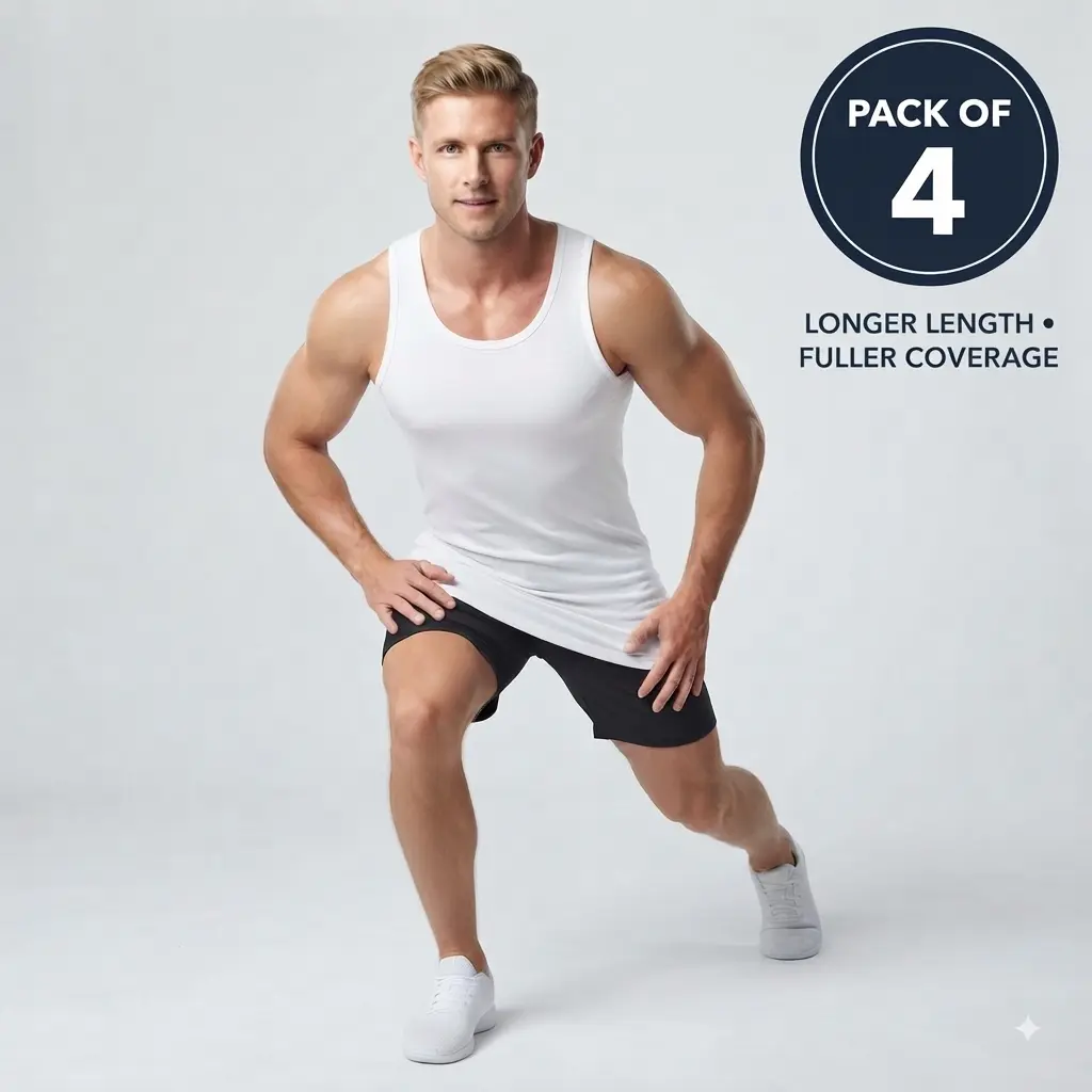 Men's 100% Cotton Soft Plain Fabric Menswear Extra Long Ribbed Tank Top (4-Pack) - Extended Length Undershirt for Gym, Casual Wear