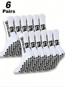6 Pairs of Men's Mid-Calf Soccer Socks, Sports Socks with Black & White FS Letter Color Blocking and Silicone Grip, with Mesh Ventilation Zones and Moisture-Wicking Quick-Dry Fabric, Hardcore Athletic Style for Game-Ready Performance