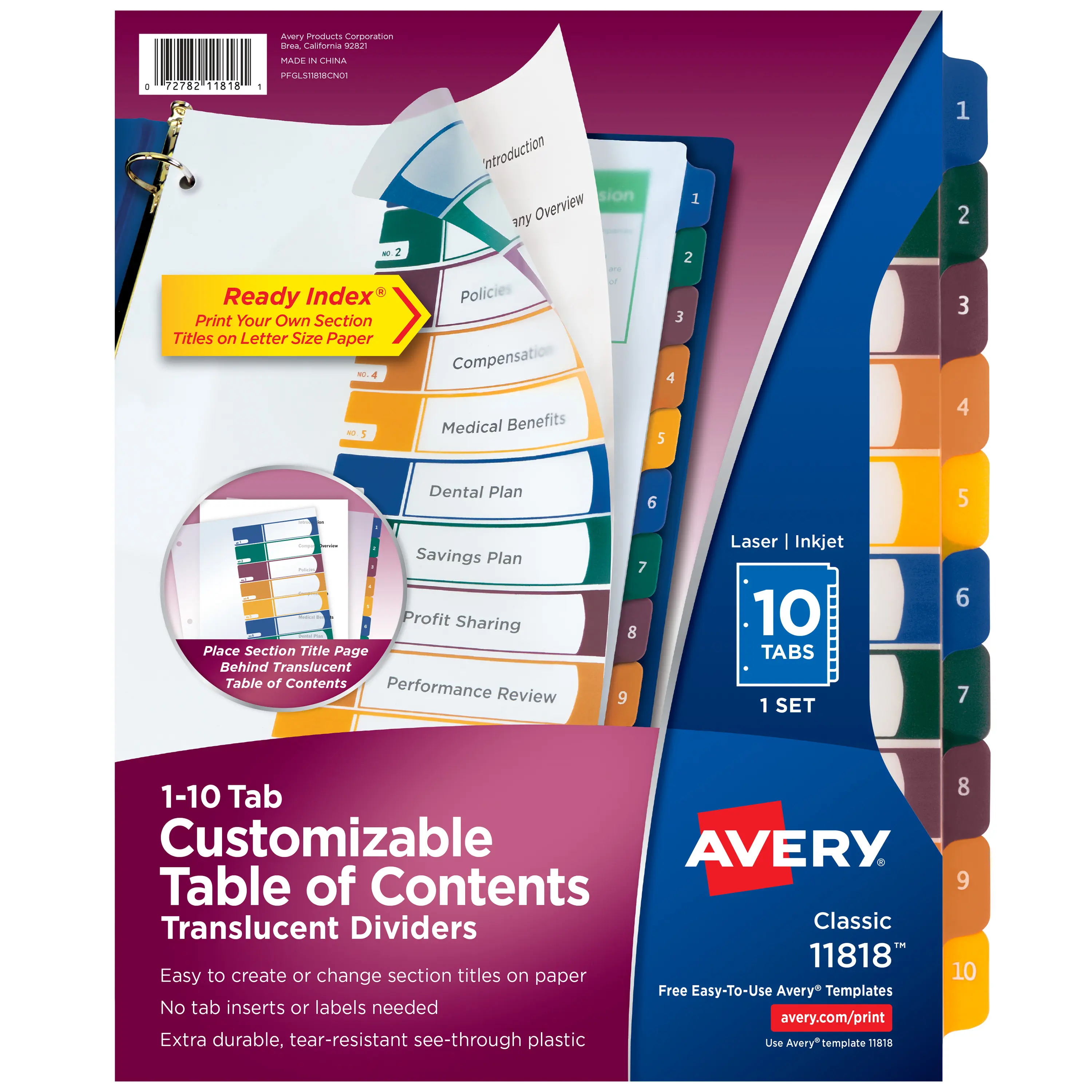 Avery Ready Index Plastic 10 Tab Binder Dividers, Customizable Table of Contents, Multicolor Tabs, 1 Set (11818), Translucent, Preprinted, Customizable Tabs Binders