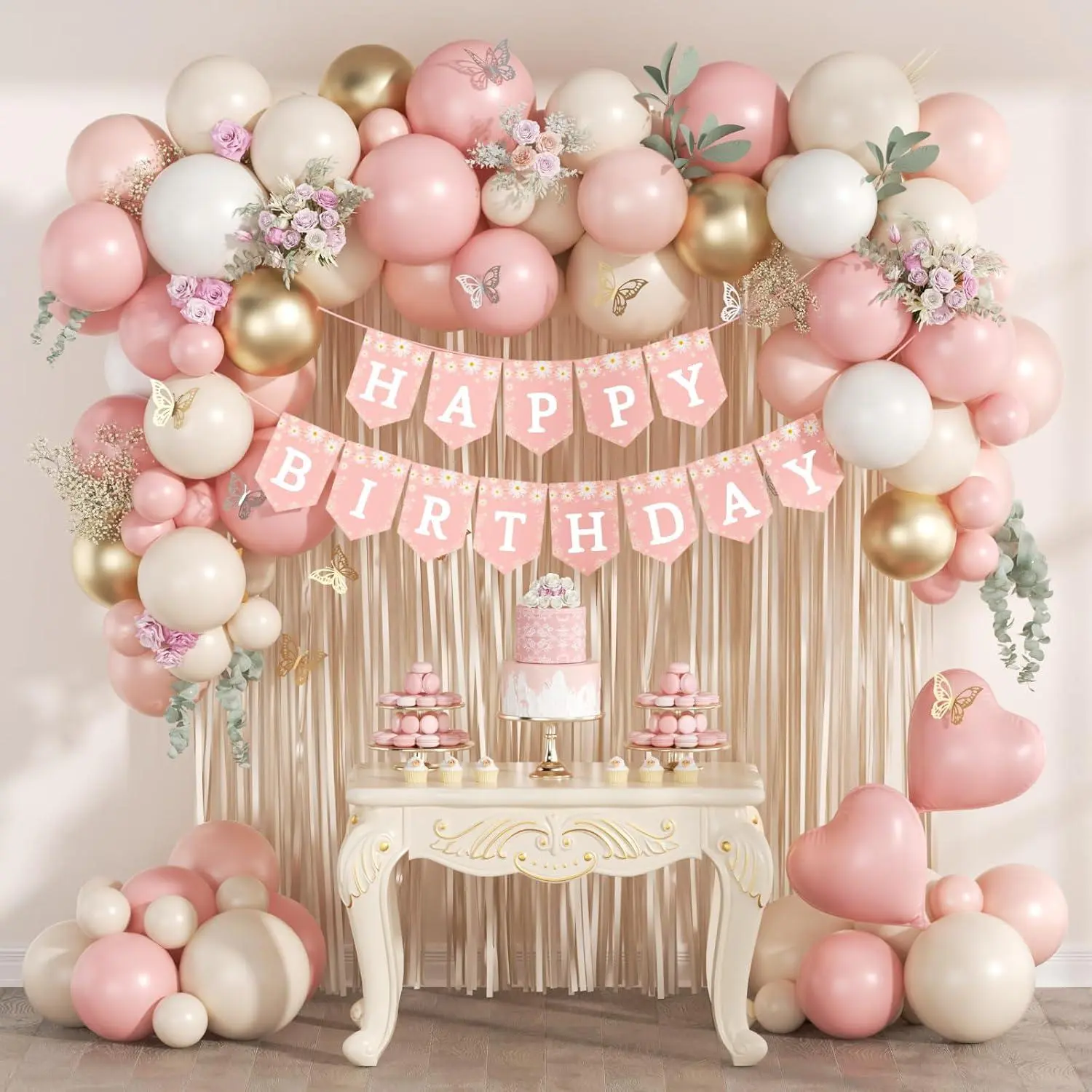 Flower Pink Birthday Decorations With Dusty Light Pink Sand White Metallic Gold Balloons Fringe Curtain For Boho Floral 1St 3Rd 5Th 15Th 23Rd 25Th 31St Birthday Party Decorations For Women