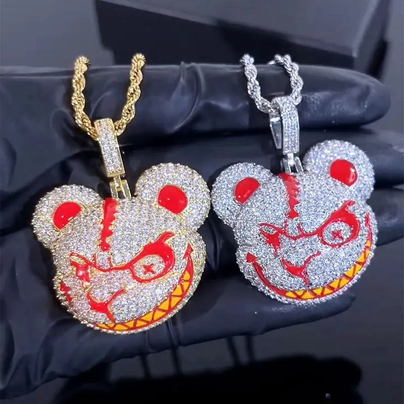 HELLOICE Micro Paved Evil Bear Head 3D Cartoon Pendant with 3mm 24inches Rope Chain